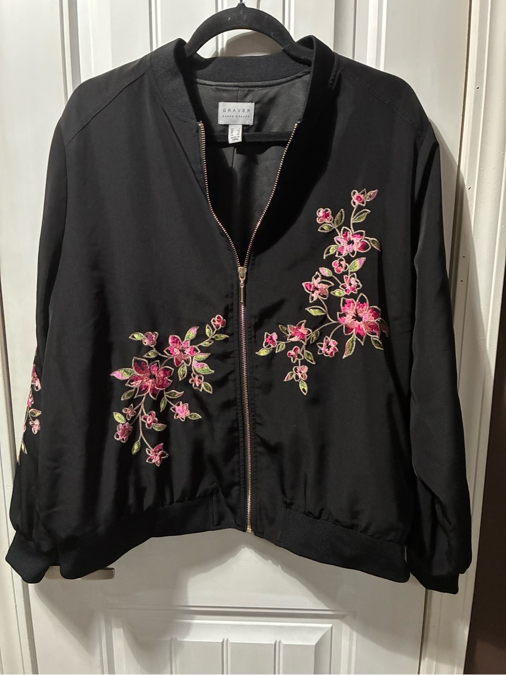 Susan Graver Black Bomber Jacket with Pink Floral Embroidery